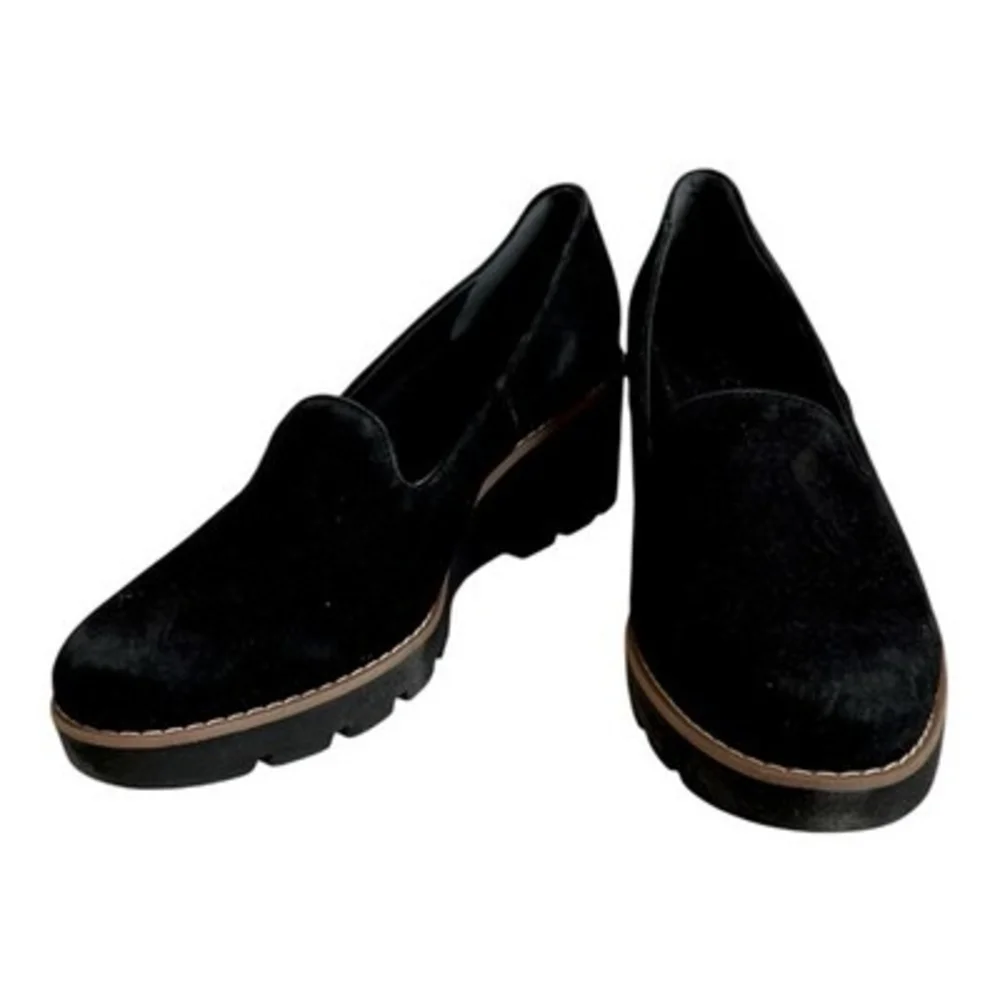 Vionic Willa Wedge Black Suede Platform Loafer Slip On Womens Sz 9.5 NWOB